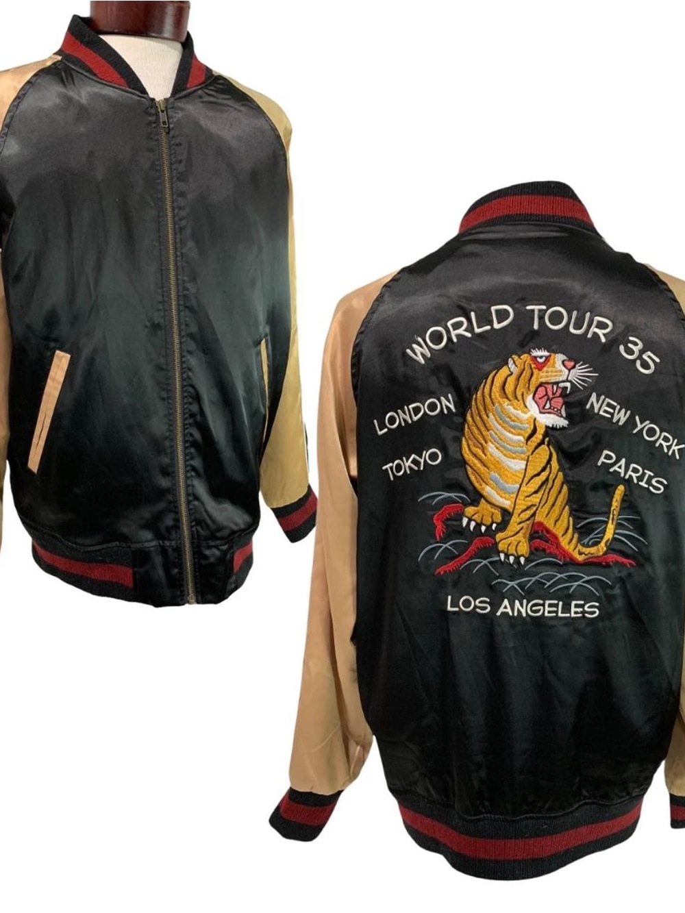 Stussy Black and Tan Tiger Embroidered Varsity Bomber Jacket